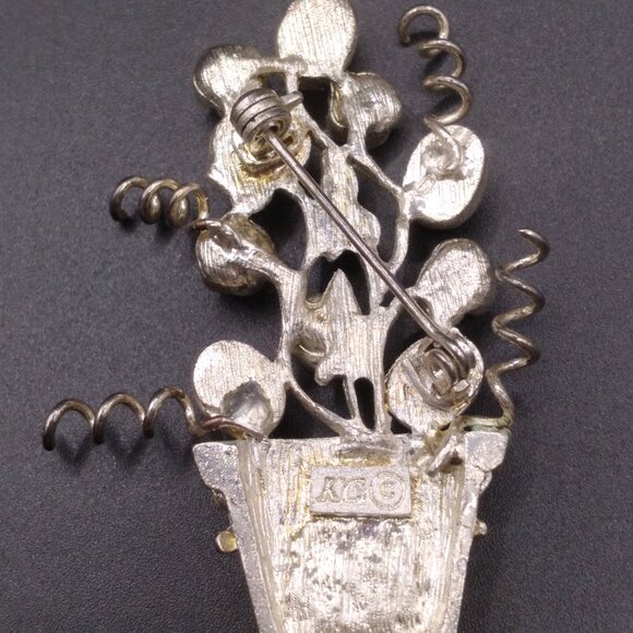 Vintage Enamel Potted Tree Brooch Glass Cats Eye Stone signed KC - Picture 3 of 4